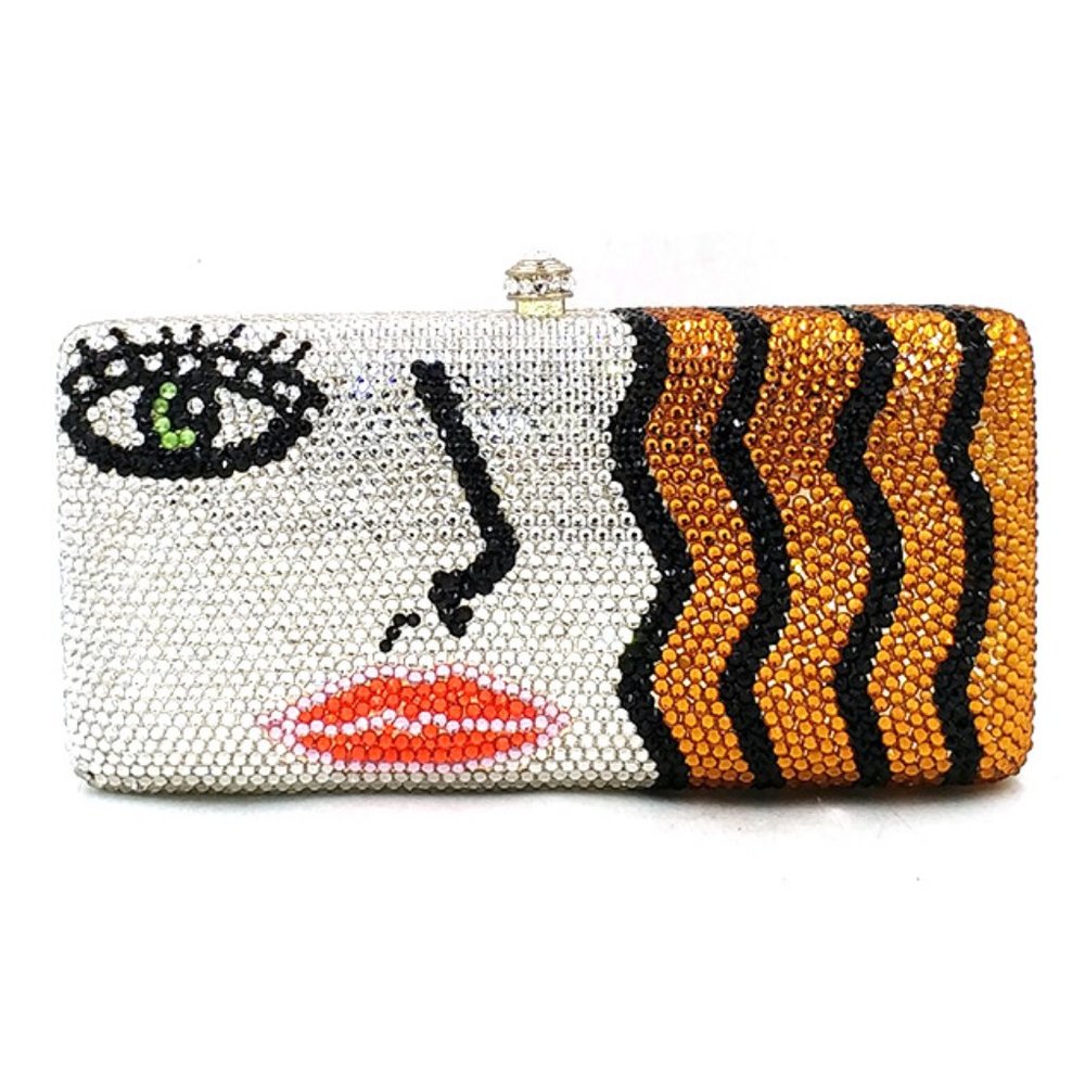 Woman's Face Brunette Hair Crystal Clutch Purse